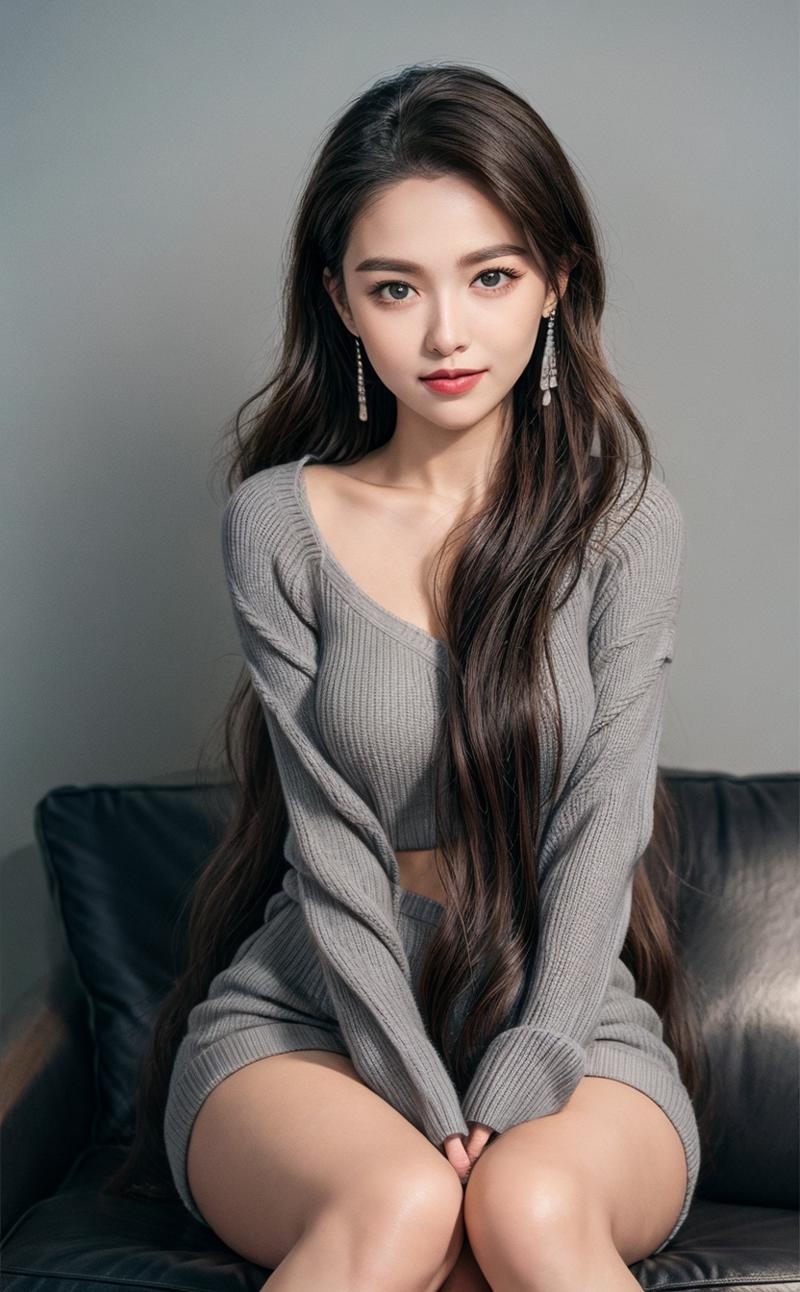 01570-153791794-1girl, solo, long hair, earrings, jewelry, sitting, sweater, looking at viewer, head tilt, couch, hand between legs, very long h.png